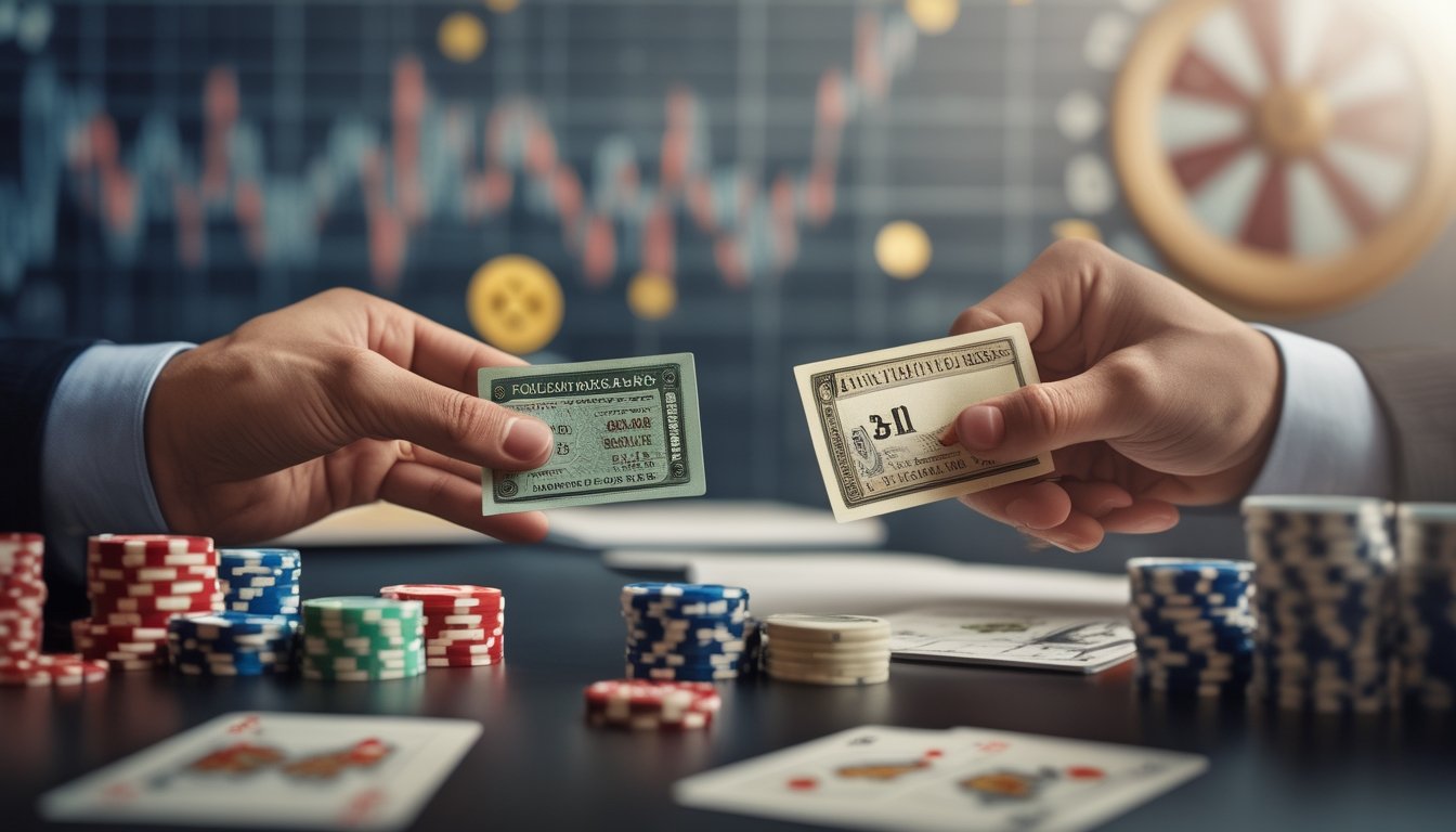 Tangan seseorang memegang tiket togel di satu sisi dan chip poker, kartu remi, serta roda roulette di sisi lain di atas meja.