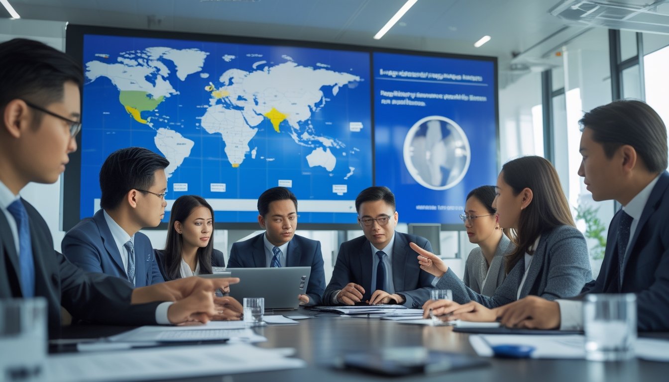 Sekelompok orang Asia Tenggara sedang berdiskusi serius di ruang rapat modern dengan peta Asia Tenggara di layar digital, membahas dokumen hukum.