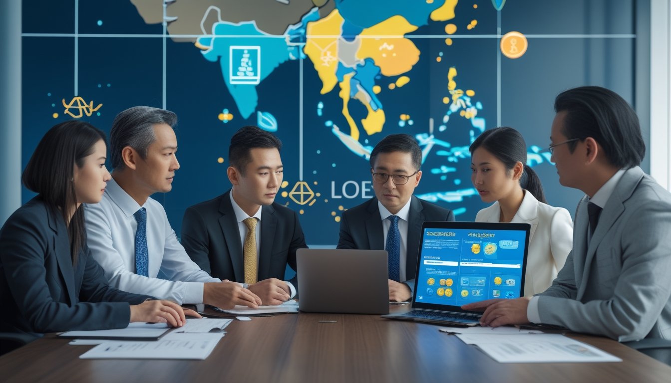 Sekelompok profesional Asia Tenggara sedang berdiskusi serius di ruang rapat dengan peta Asia Tenggara di layar besar di belakang mereka.