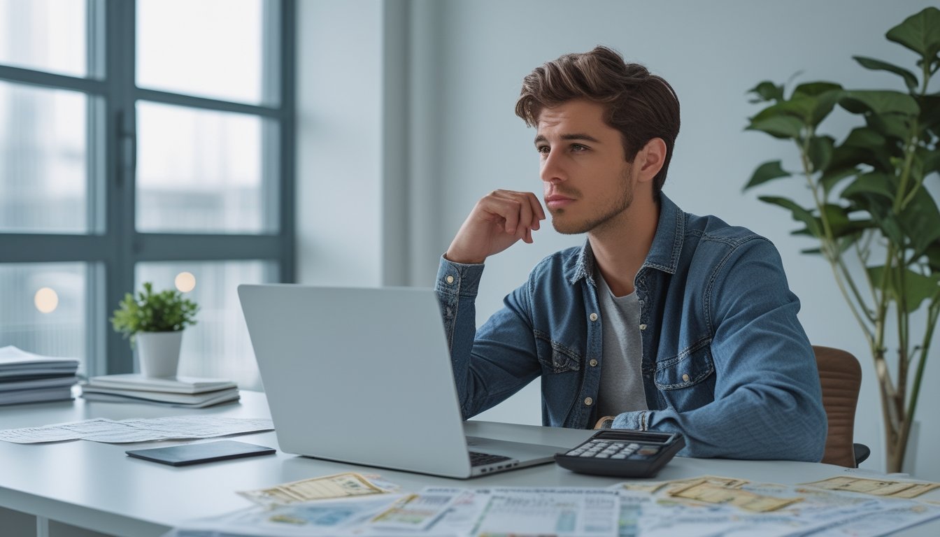Seorang pria muda duduk di meja kerja dengan laptop dan dokumen keuangan, tampak serius dan fokus memikirkan strategi keuangan.