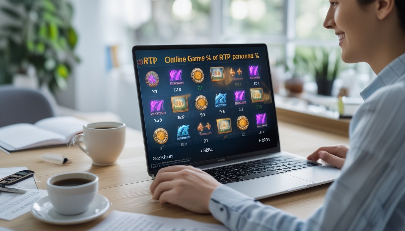 Seorang pemula memilih permainan slot online di laptop di ruang kerja rumah yang terang dan rapi.
