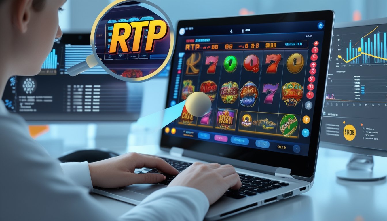 Seseorang menggunakan komputer dengan layar menampilkan permainan slot online dan grafik yang menunjukkan analisis RTP tinggi.