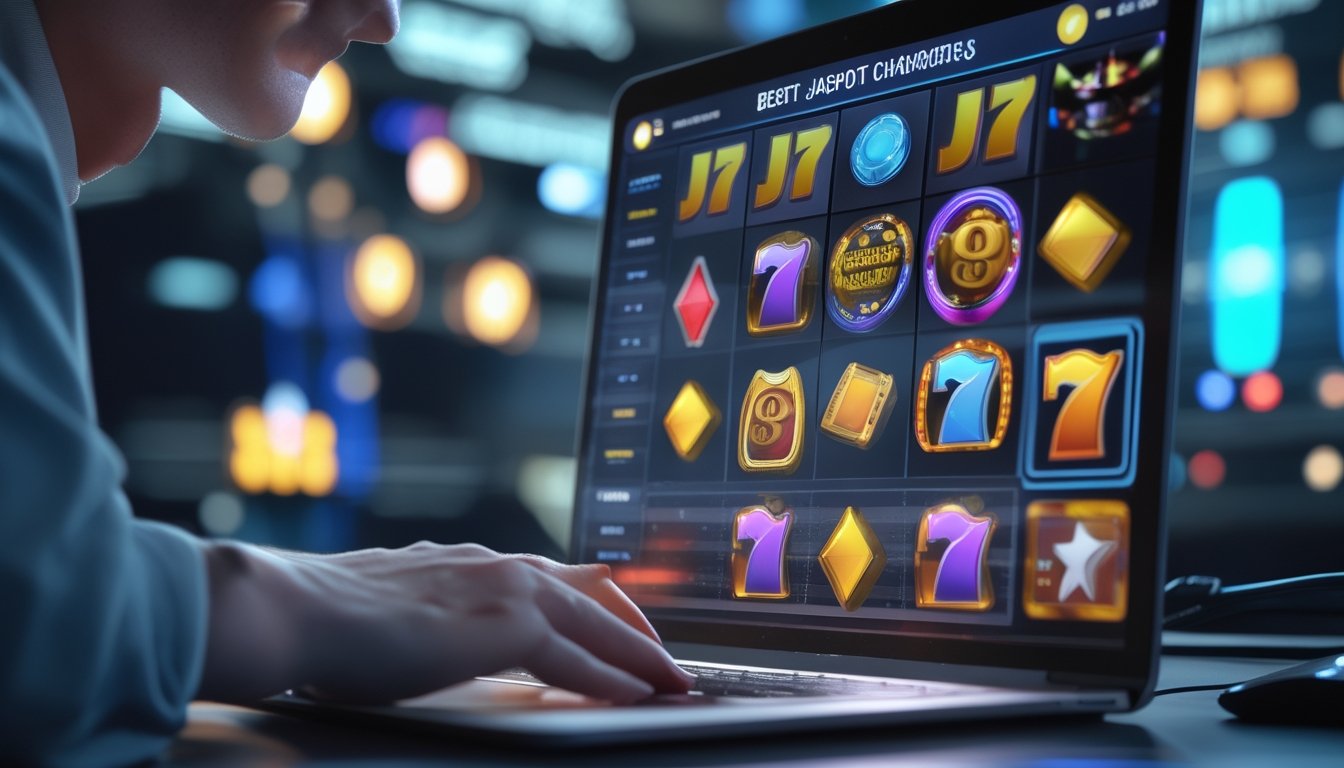 Seseorang menggunakan laptop dengan tampilan permainan slot online berwarna-warni di layar, di latar belakang terdapat elemen futuristik dan pencahayaan lembut.