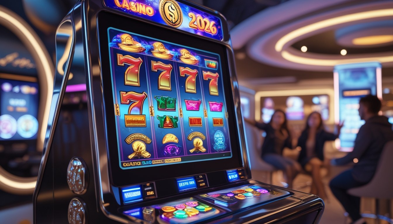 Suasana kasino digital modern dengan mesin slot berwarna-warni dan pemain yang antusias bermain di ruang permainan futuristik.