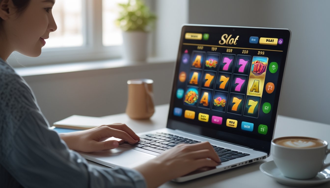 Seorang dewasa muda sedang fokus bermain permainan slot online di laptop di ruang kerja rumah yang nyaman dan rapi.