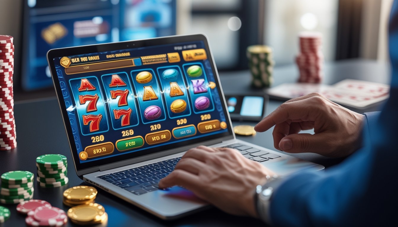 Seorang pengguna sedang bermain slot online di laptop dengan tumpukan chip poker dan koin di meja.