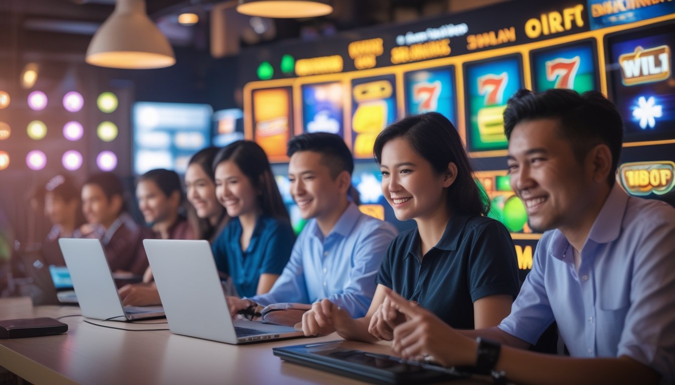 Sekelompok pemain Indonesia sedang asyik bermain game slot online menggunakan laptop, tablet, dan ponsel di sebuah ruangan yang nyaman.