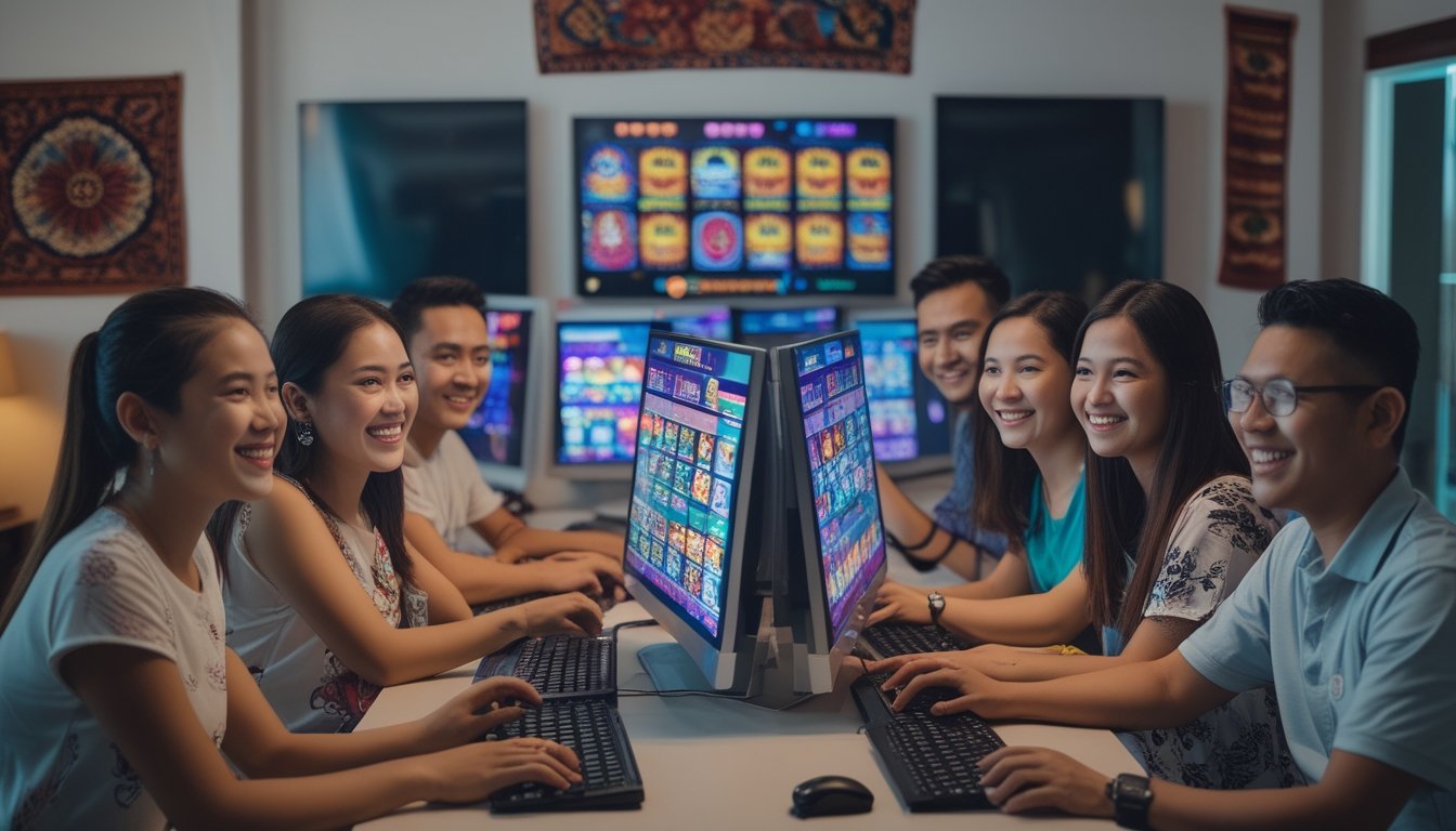 Sekelompok orang bermain game slot online di depan komputer dan ponsel dengan suasana ceria di ruangan yang nyaman.