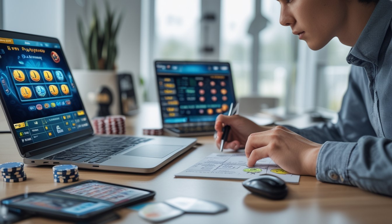 Seorang dewasa muda duduk di meja dengan laptop yang menampilkan permainan slot online, sambil mencatat strategi bermain dengan poker chip dan kartu bermain di sekitarnya.