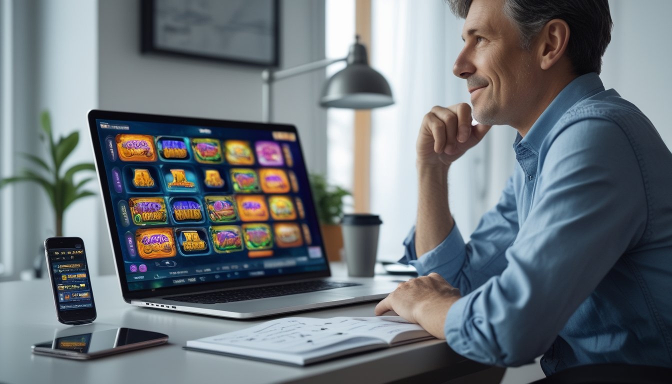Seseorang duduk di meja dengan laptop yang menampilkan permainan slot online, terlihat fokus dan berpikir sambil menulis catatan strategi.