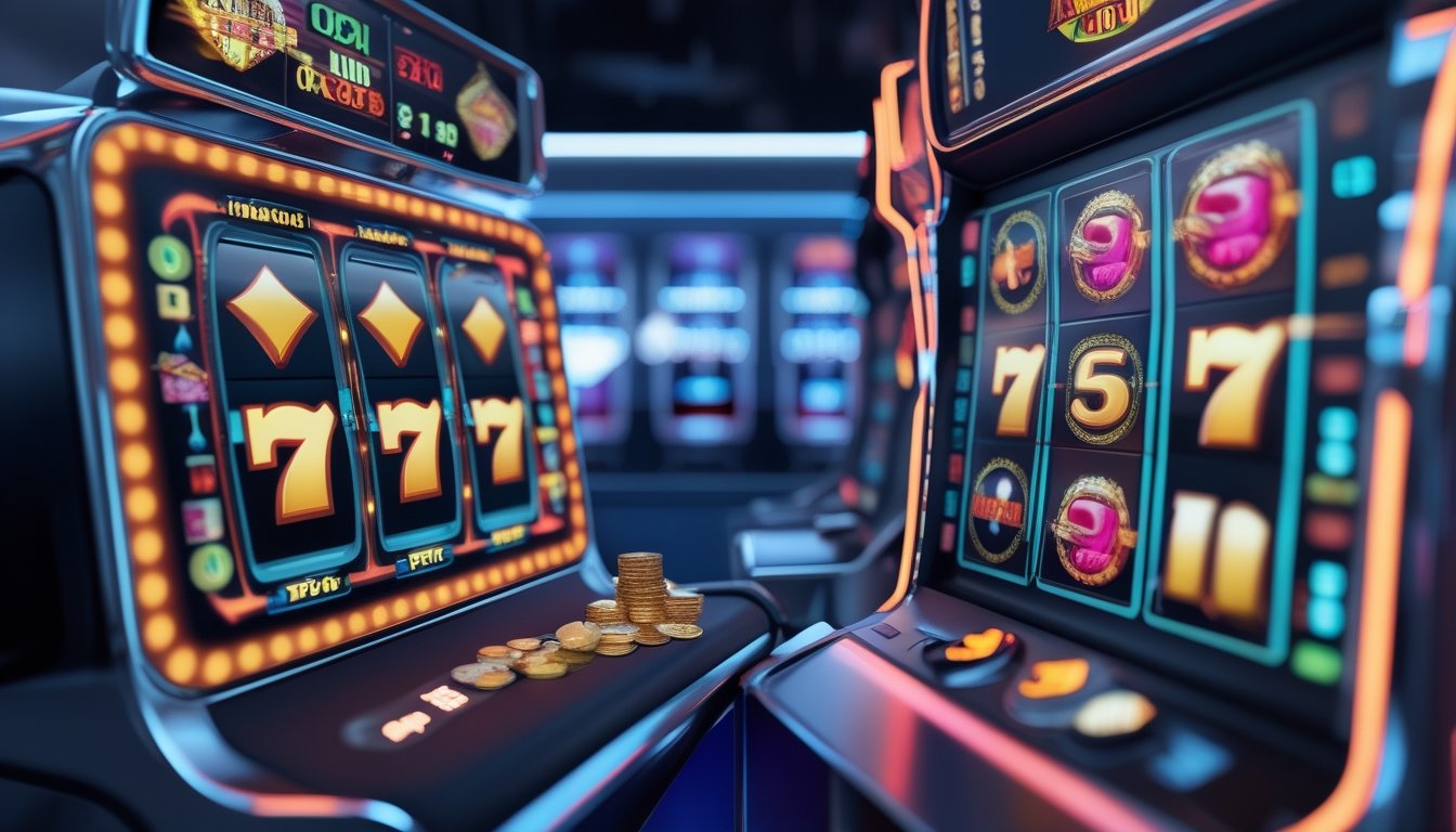 Gambar dua mesin slot online berdampingan, satu menunjukkan kemenangan besar dengan koin berjatuhan, satu lagi dengan tampilan lebih redup dan sedikit koin.