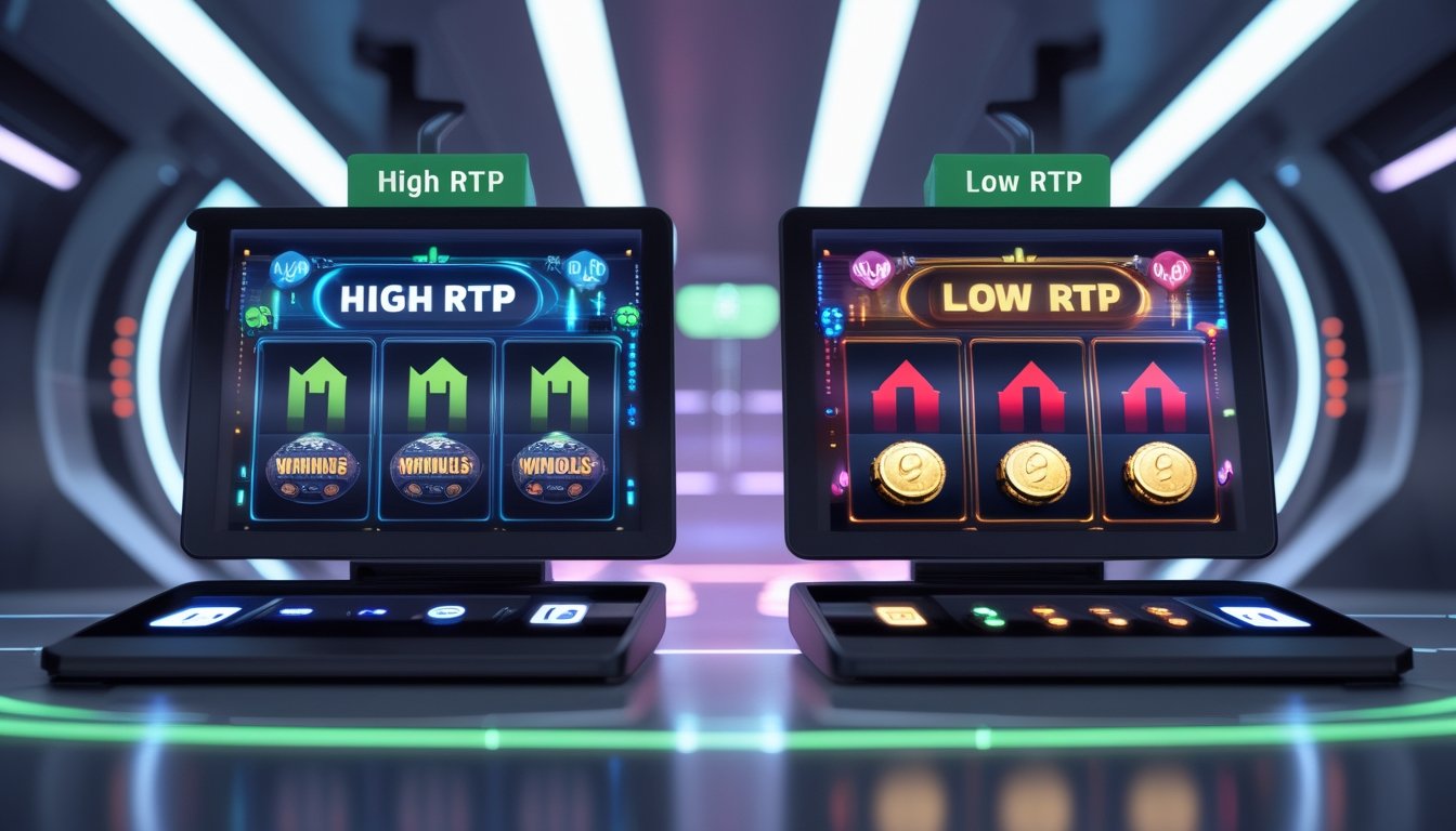 Dua layar mesin slot online berdampingan, satu menunjukkan grafik naik dan simbol kemenangan, satu lagi dengan grafik turun dan simbol lebih sedikit, dalam lingkungan permainan digital modern.