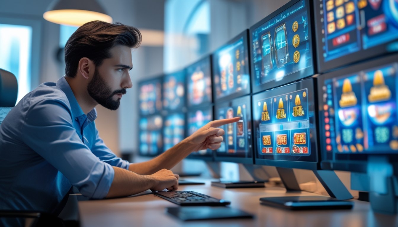 Seorang pria sedang duduk di meja modern sambil menganalisis pola permainan slot online pada layar digital.