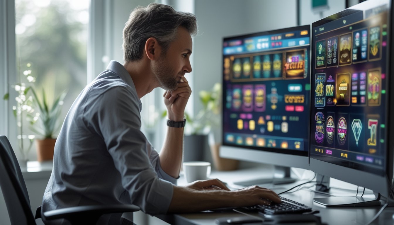 Seseorang sedang menganalisis pola permainan slot online di depan komputer di ruang kerja modern.