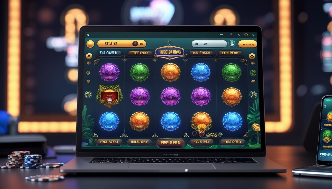 Sebuah laptop menampilkan permainan slot online dengan ikon putaran gratis, di meja dengan chip kasino dan ponsel, di ruangan gaming yang remang-remang.