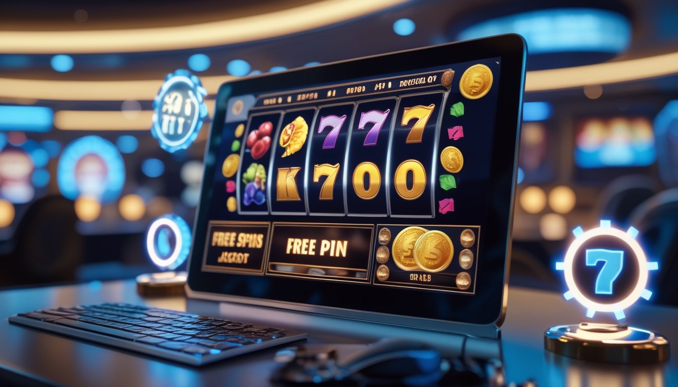 Layar perangkat digital menampilkan mesin slot online dengan simbol berwarna cerah dan ikon putaran gratis, di latar belakang suasana kasino yang samar.
