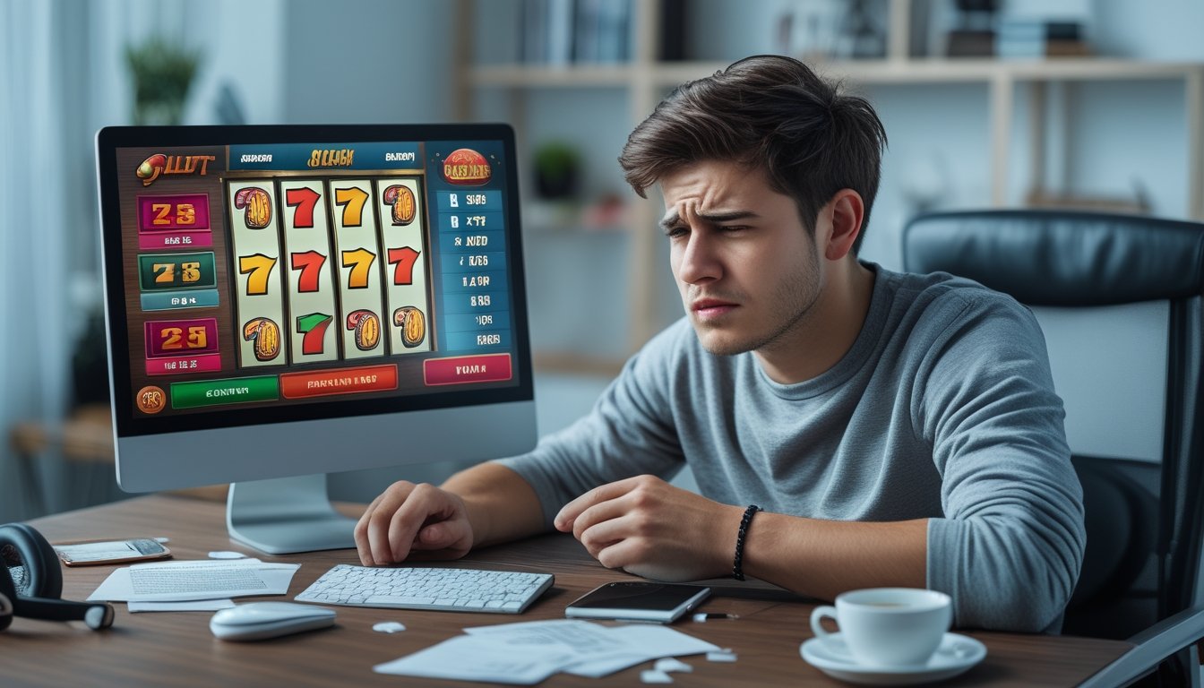Seorang pria muda duduk di meja dengan ekspresi kecewa saat bermain slot online di laptop.