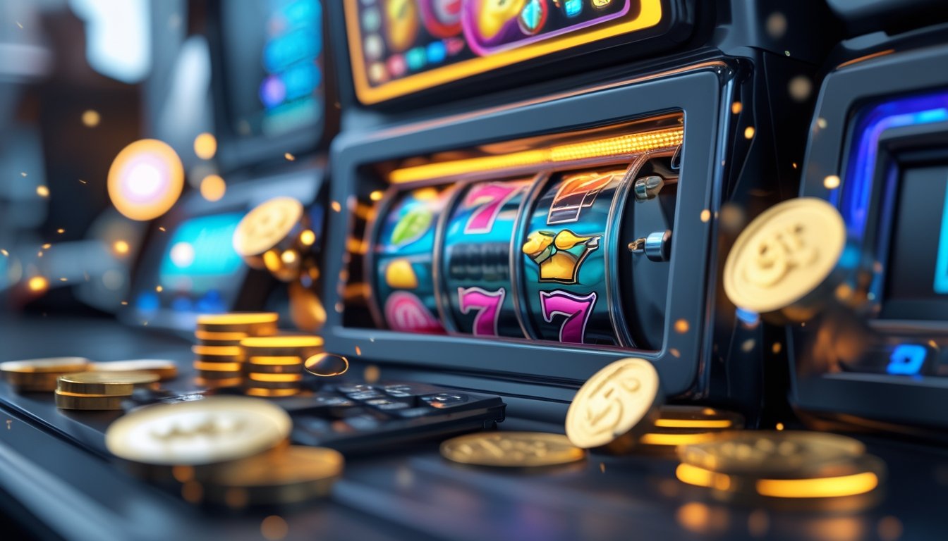 Tampilan close-up mesin slot digital berwarna-warni di layar perangkat dengan koin dan simbol jackpot di sekitarnya.