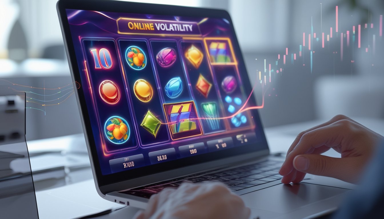 Seseorang sedang bermain permainan slot online di komputer dengan layar menampilkan gulungan warna-warni dan simbol jackpot.