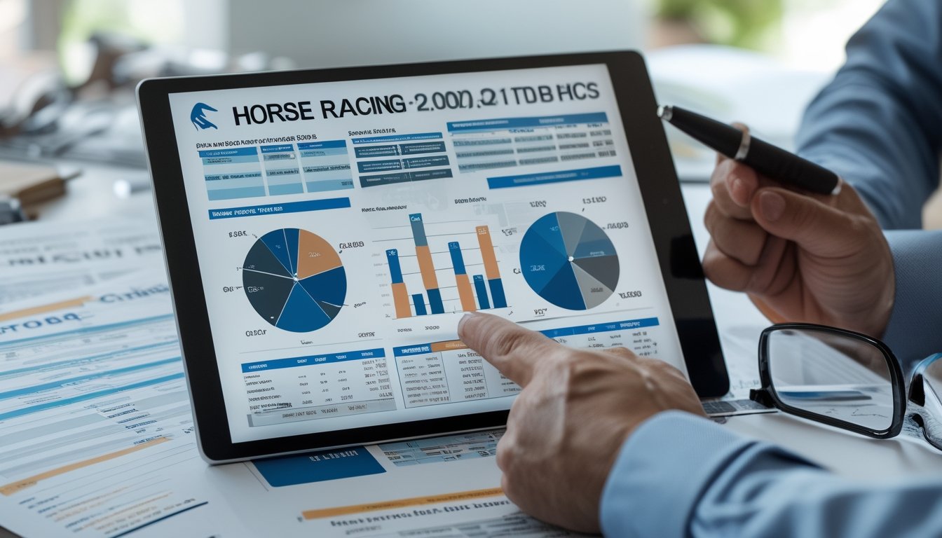 Seseorang sedang menganalisis data statistik pacuan kuda menggunakan tablet dan dokumen di meja kerja.