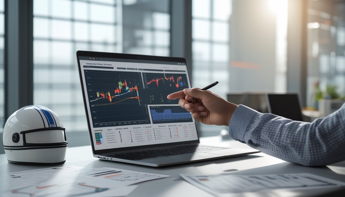 Seorang profesional sedang menganalisis data statistik kuda dan joki menggunakan laptop dan laporan di meja kerja.