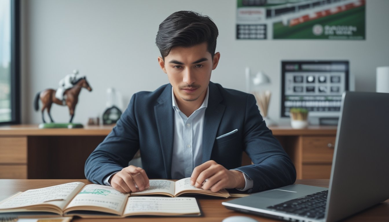Seorang pria muda serius sedang belajar aturan dan strategi pacuan kuda di meja dengan buku, laptop, dan catatan.
