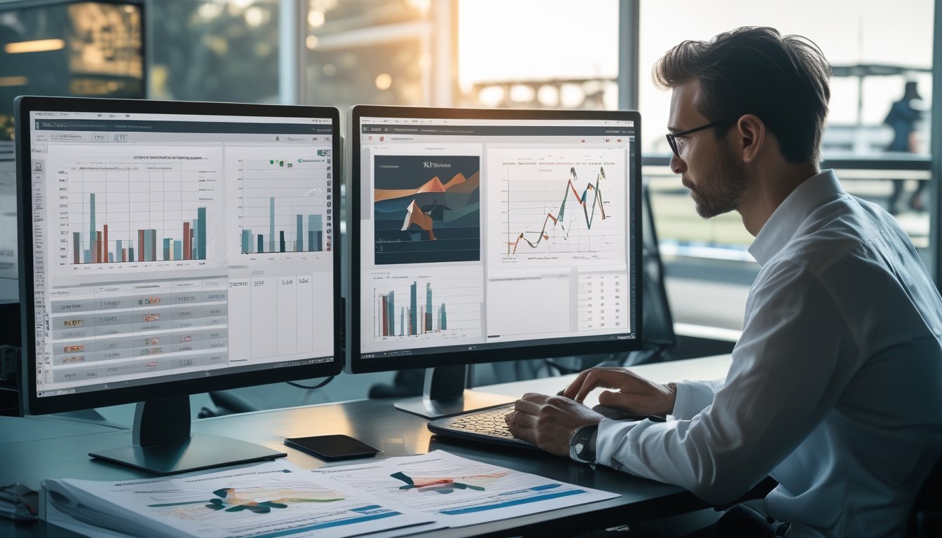 Seorang analis sedang melihat grafik dan data statistik pacuan kuda di depan layar komputer dengan latar belakang trek pacuan kuda dan kuda yang sedang berlomba.