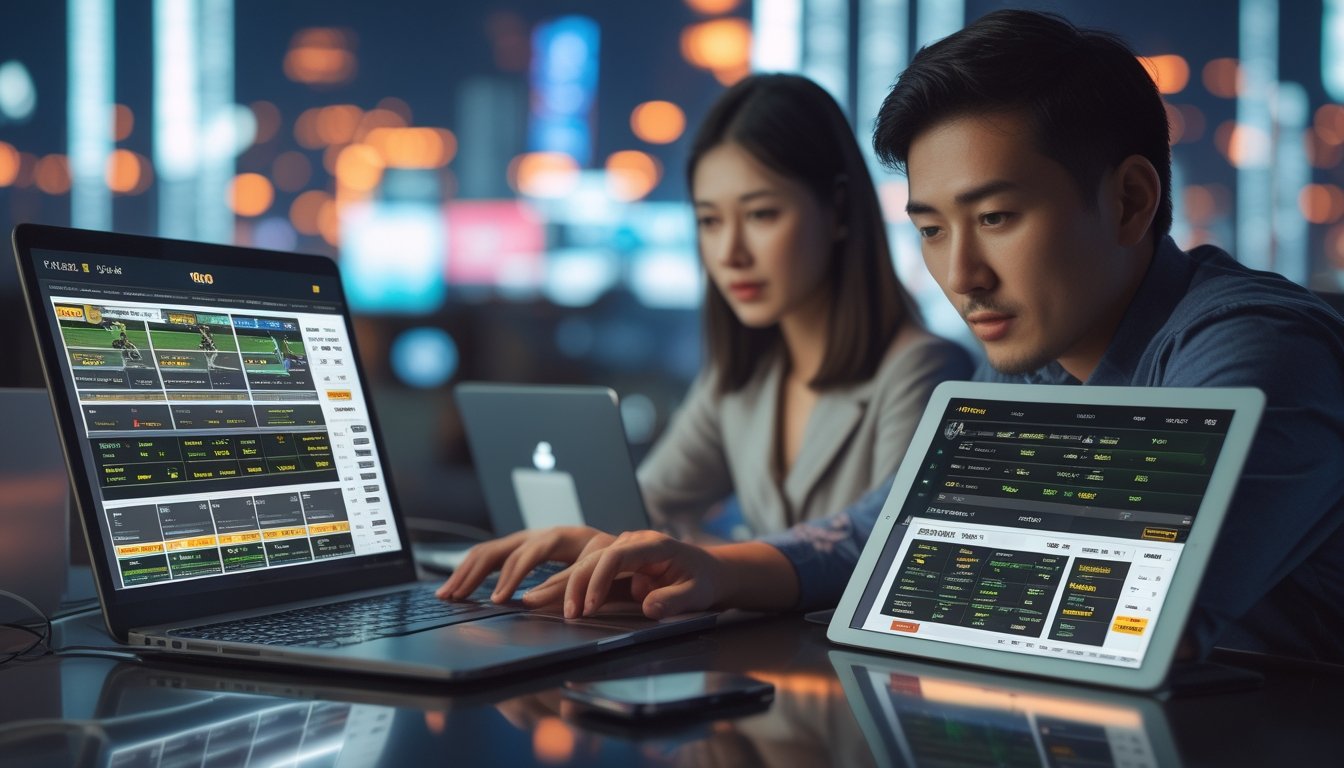 Seorang pria dan wanita Asia menggunakan perangkat digital untuk memasang taruhan pacuan kuda secara online di sebuah ruangan dengan latar kota modern.