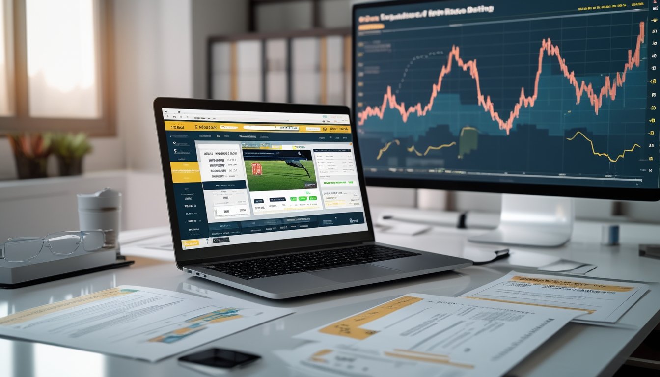 Meja kerja modern dengan laptop yang menampilkan situs judi pacuan kuda online, dokumen hukum di sekitarnya, dan layar digital dengan grafik pertumbuhan tren judi pacuan kuda online di Asia.