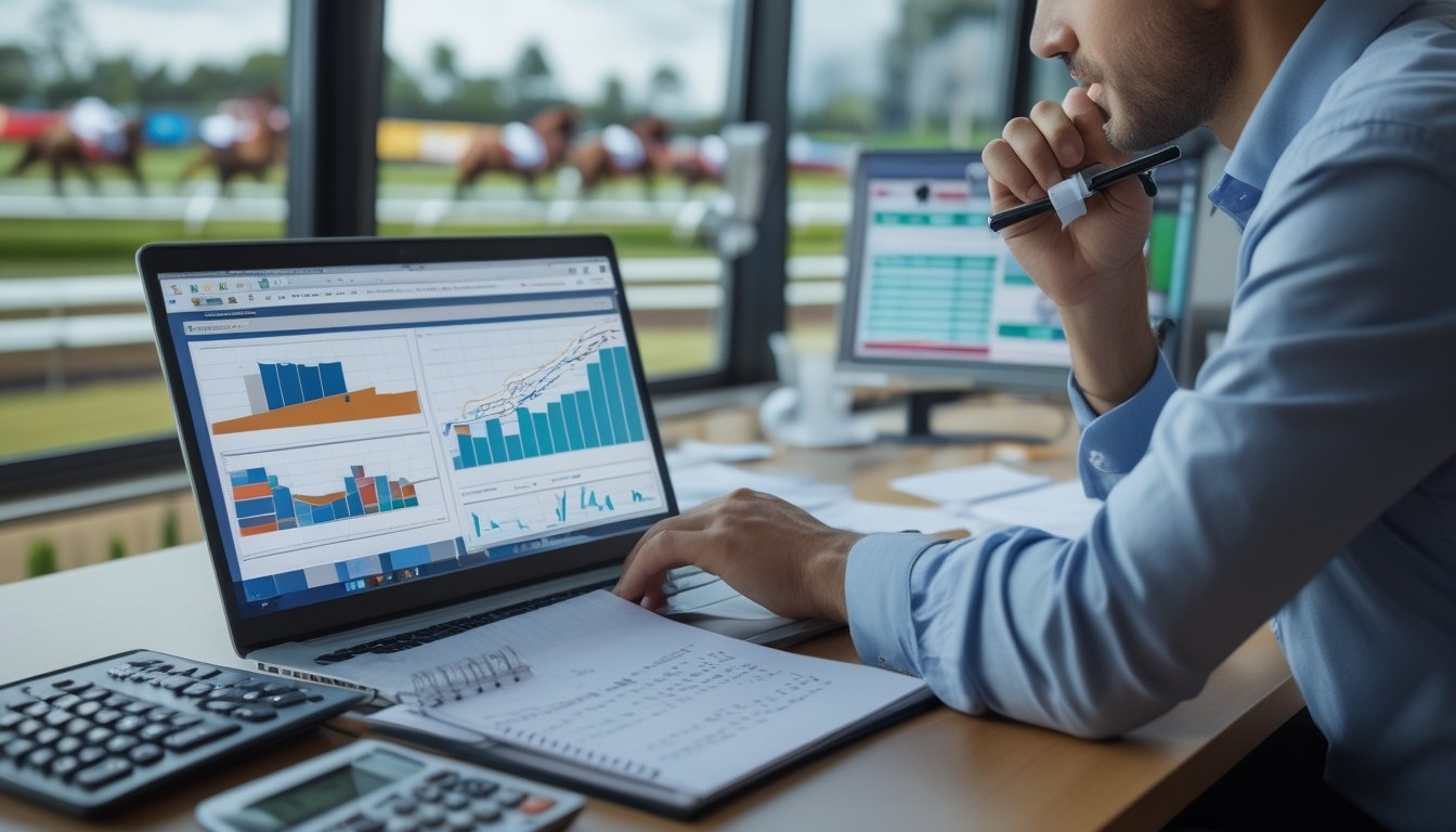 Seorang profesional sedang menganalisis data keuangan terkait judi pacuan kuda di sebuah kantor modern dengan latar belakang lintasan pacuan kuda.
