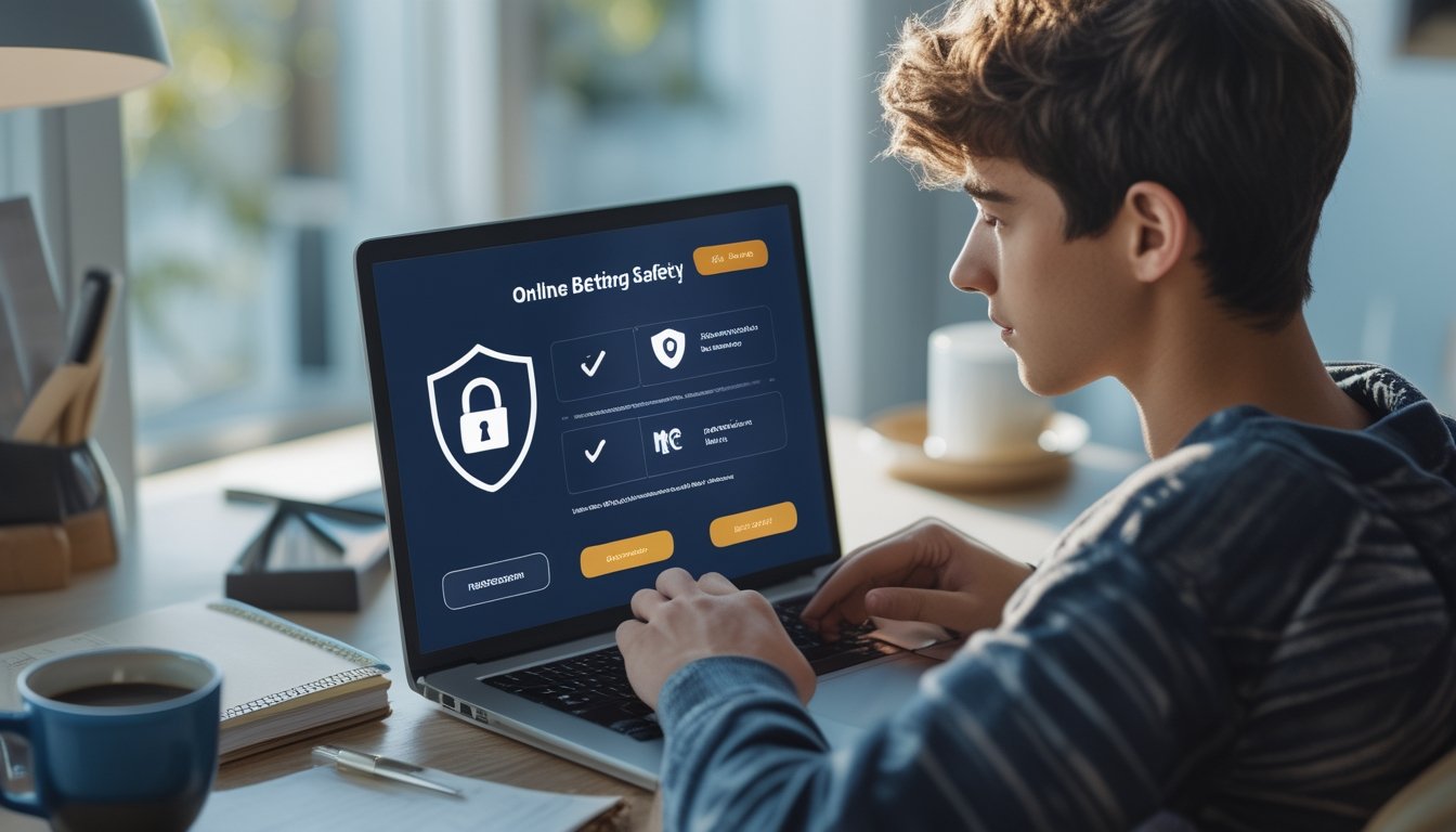Seseorang sedang menggunakan laptop di ruang kerja di rumah dengan simbol keamanan di layar, menunjukkan proses memilih situs taruhan online yang aman.