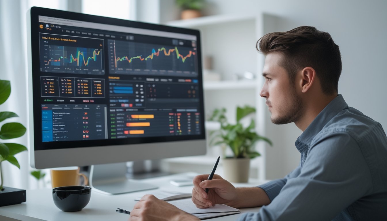 Seorang pria muda duduk di meja kerja modern, melihat layar komputer dengan grafik dan data taruhan olahraga, sambil mencatat di buku catatan di ruang kantor rumah yang rapi.