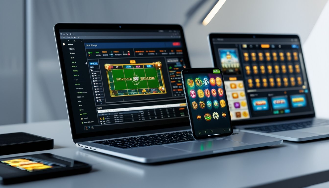 Meja kerja dengan laptop, tablet, dan ponsel yang menampilkan layar taruhan olahraga, permainan kasino, dan mesin slot secara bersamaan.