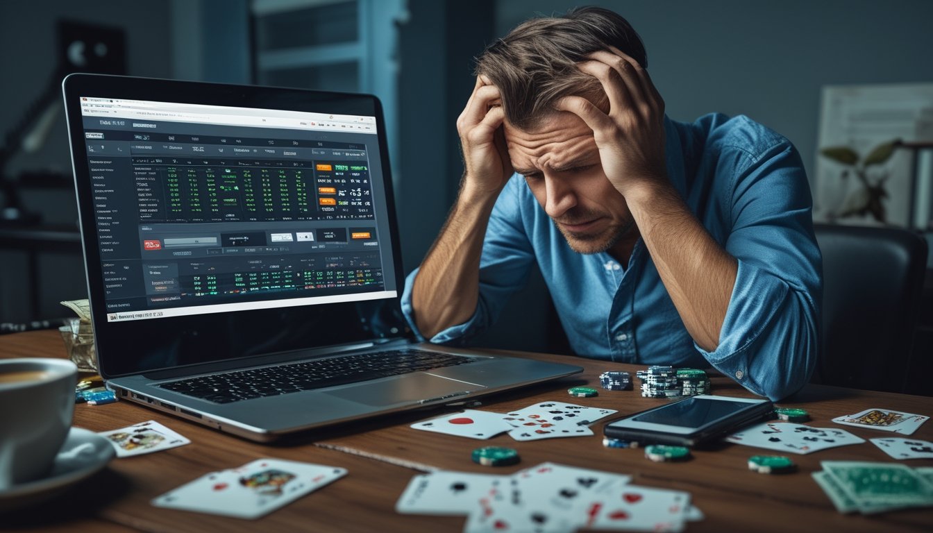 Seorang pria dewasa terlihat stres duduk di meja dengan laptop, kartu remi, dan chip poker, memegang kepala sambil melihat layar laptop di ruangan yang remang-remang.