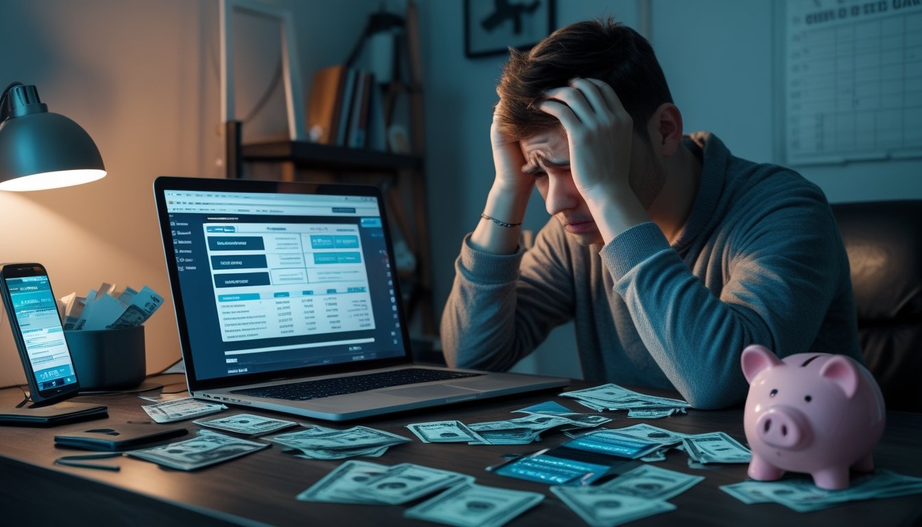 Seorang dewasa muda duduk di meja dengan ekspresi stres, dikelilingi oleh laptop, kartu kredit, dan tagihan, menunjukkan masalah keuangan akibat taruhan online.