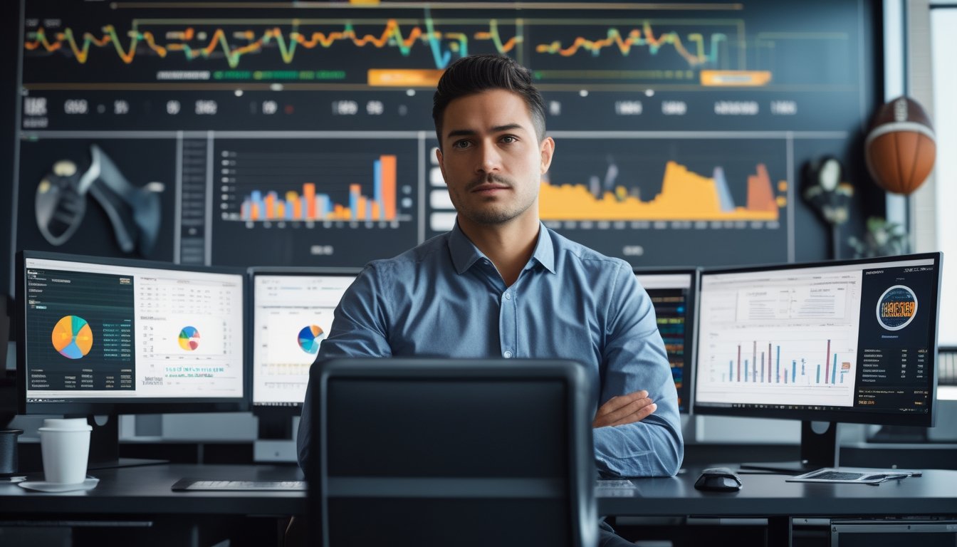 Seorang analis data olahraga sedang melihat layar komputer dengan grafik dan statistik tim di sebuah kantor modern.
