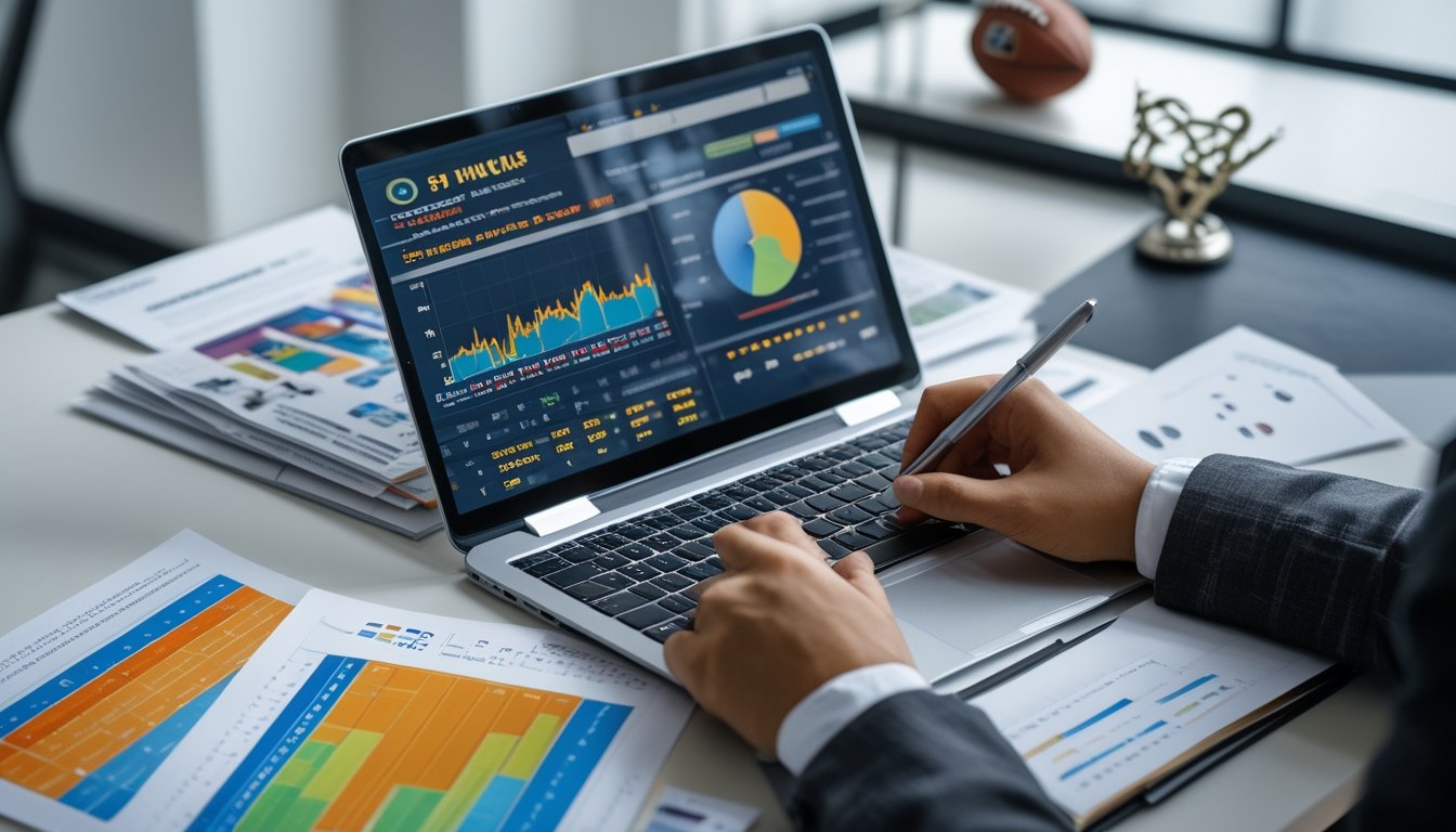 Seorang profesional sedang menganalisis statistik tim menggunakan laptop dan catatan di ruang kerja yang rapi.