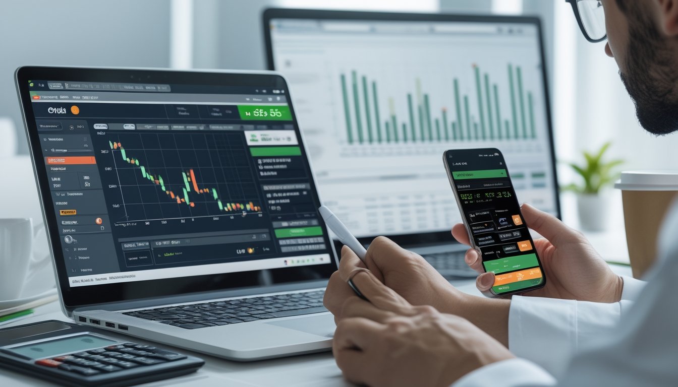 Seseorang sedang menganalisis data taruhan online di depan laptop dengan grafik dan notifikasi aplikasi taruhan di meja kerja.