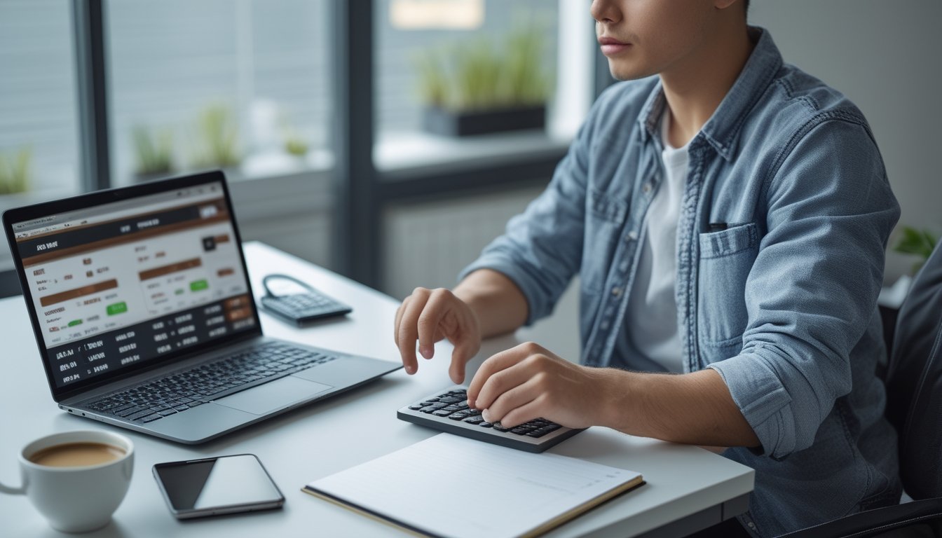 Seorang dewasa muda duduk di meja dengan laptop terbuka, kalkulator, dan buku catatan, tampak fokus mengelola anggaran taruhan online secara bertanggung jawab.