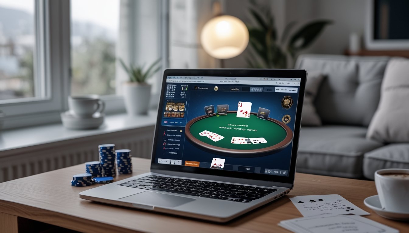 Seorang pemula sedang belajar bermain poker online di depan laptop dengan chip poker dan kartu di meja.