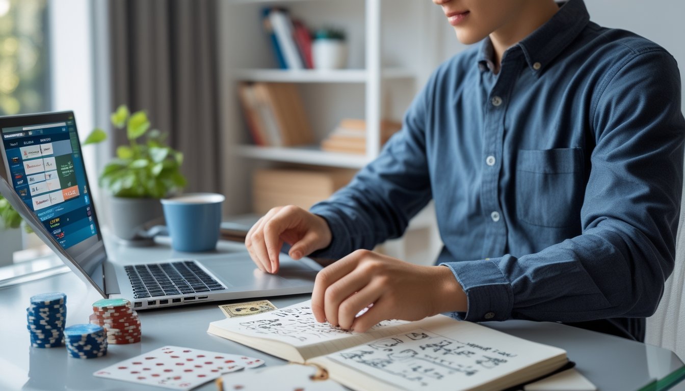 Seorang muda sedang belajar bermain poker online di depan laptop dengan kartu remi dan chip poker di meja.
