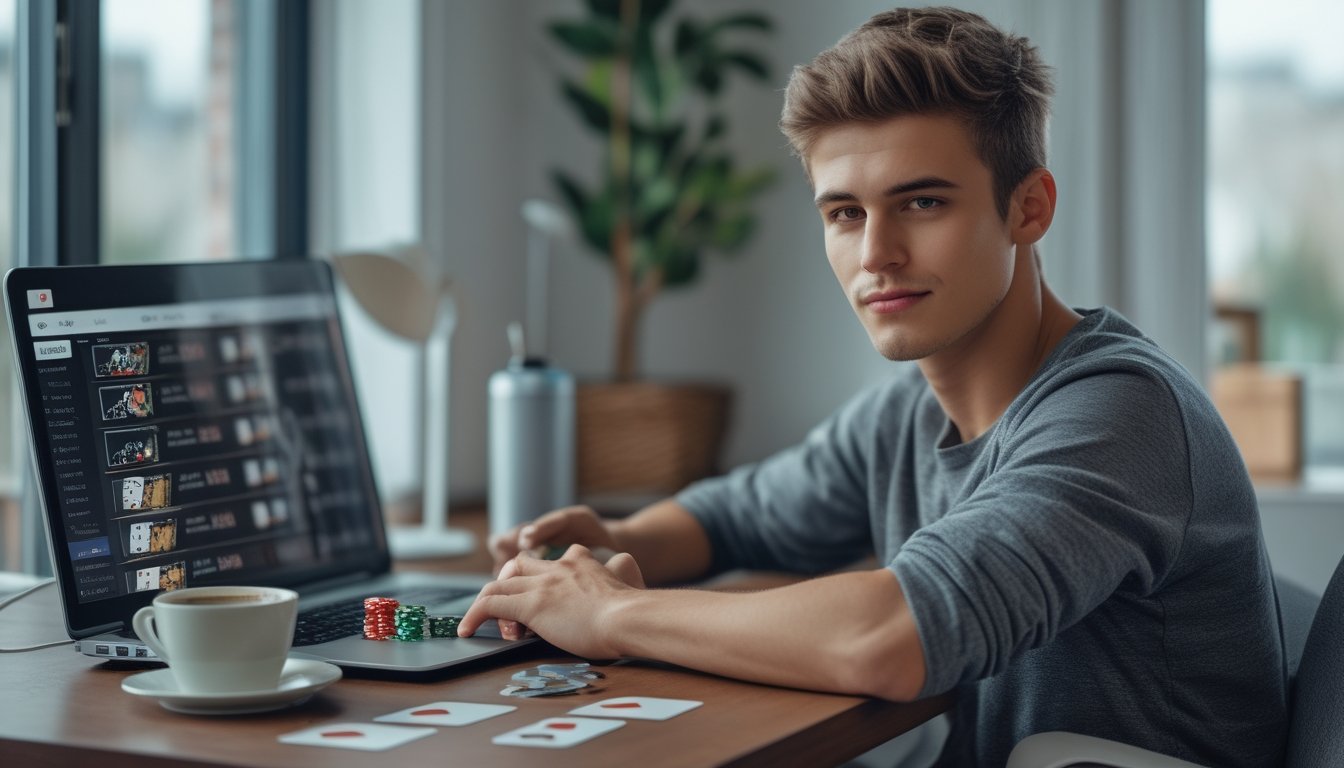 Seorang pria muda duduk di depan laptop bermain poker online dengan tumpukan chip dan kartu di meja, terlihat fokus dan percaya diri di ruangan yang terang dan nyaman.