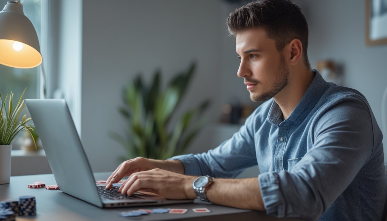 Seorang pria muda duduk di meja dengan laptop, bermain poker online dengan tumpukan chip dan kartu di sampingnya.