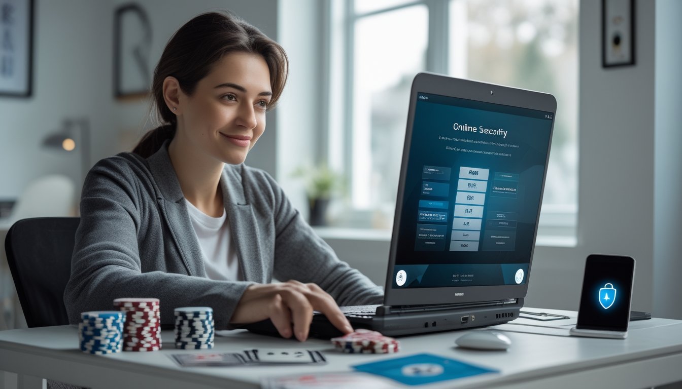 Seseorang yang duduk di meja dengan laptop, tumpukan chip poker, dan kartu bermain, tampak fokus memilih situs poker online yang aman dan terpercaya.