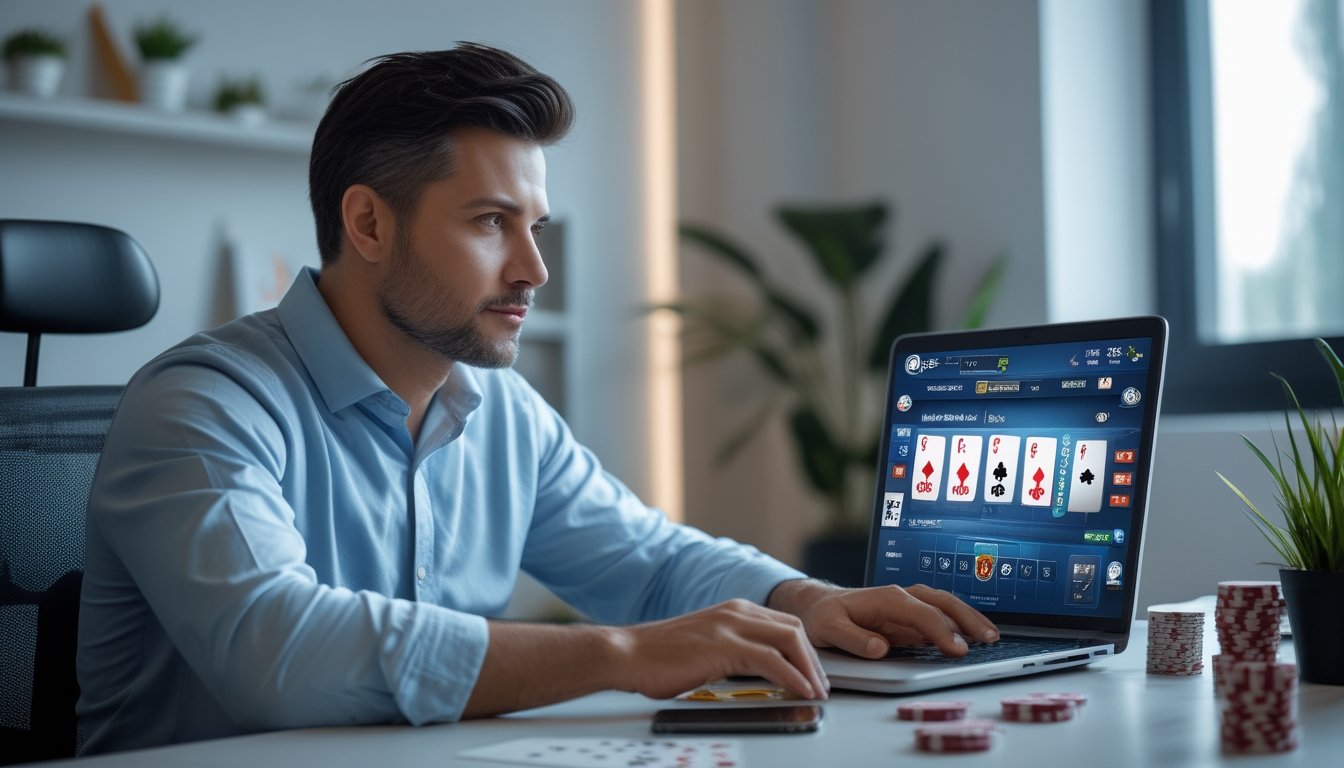 Seorang pria dewasa duduk di meja kerja menggunakan laptop dengan permainan poker di layar, di ruangan kantor rumah yang terang dan rapi dengan elemen poker seperti kartu dan chip di sekitarnya.
