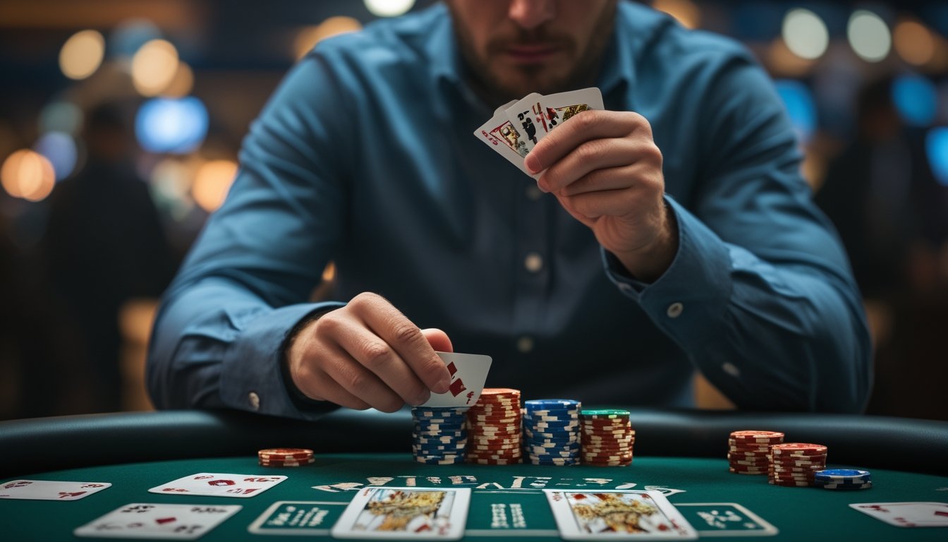 Seorang pemain poker sedang duduk di meja poker hijau, memperhatikan kartu dan chip dengan serius dalam permainan Texas Hold'em.