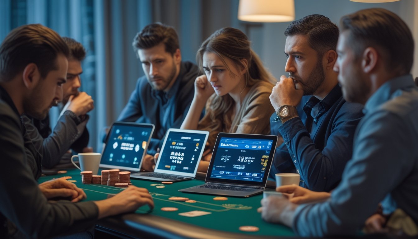 Beberapa orang dewasa duduk di sekitar meja poker dengan perangkat digital, menunjukkan ekspresi serius dan fokus saat bermain poker online.