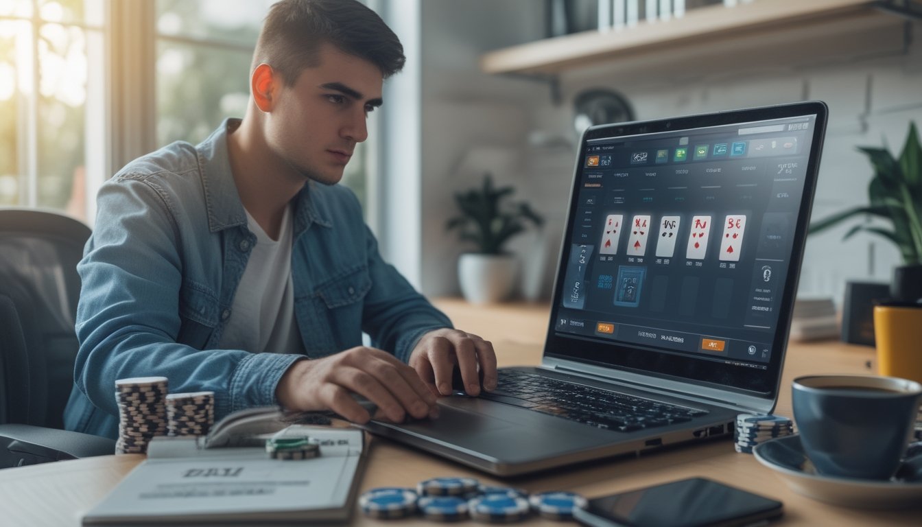 Seorang dewasa muda serius bermain poker online di depan laptop di ruang kerja rumah yang rapi dengan chip poker dan catatan strategi di meja.