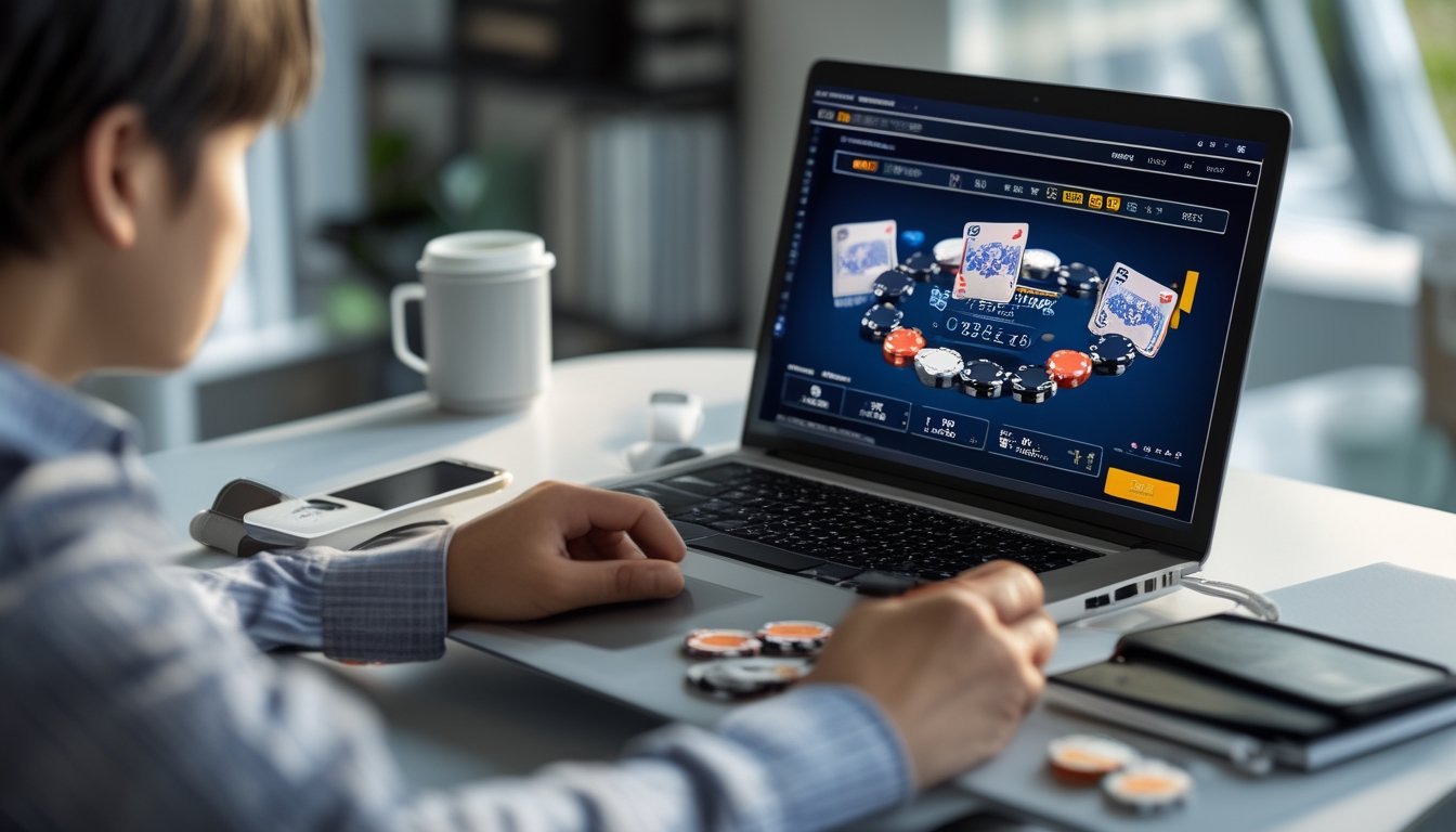 Seorang dewasa muda sedang bermain poker online di laptop dengan chip poker dan buku catatan di meja.