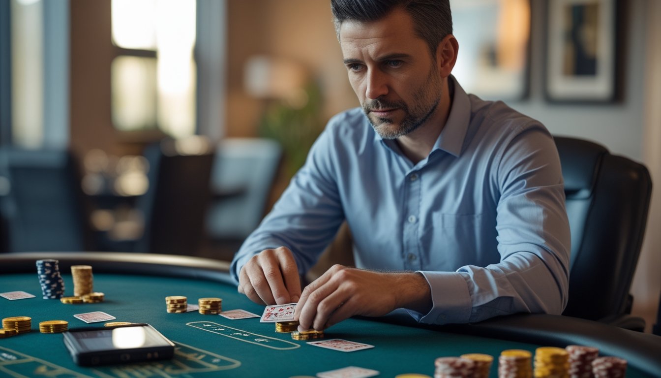 Seorang pria dewasa duduk di meja poker sambil menghitung dan mengatur chip poker dengan fokus.